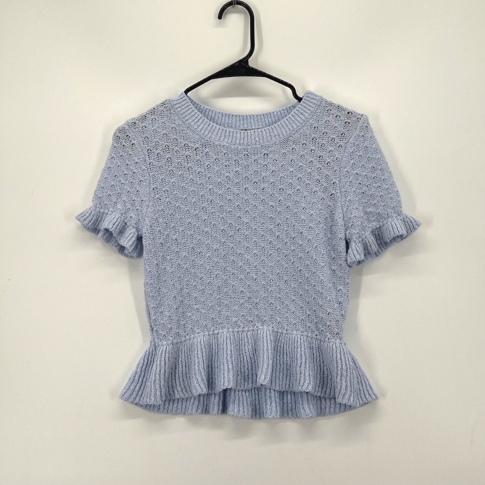 H&M Divided Light Blue Pointelle Knit Ruffle Peplum Cropped Sweater XL